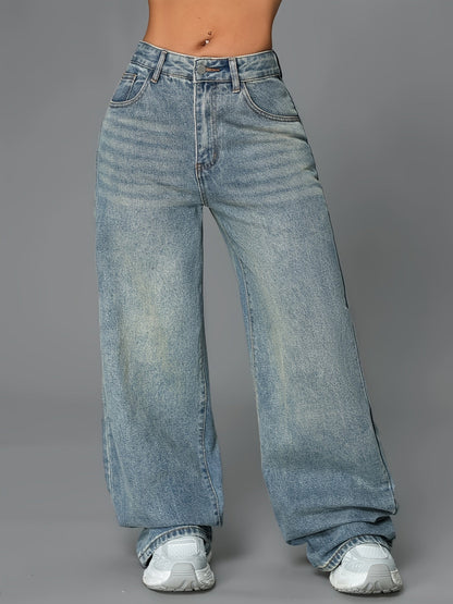 Baggy gråblå jeans med hög midja