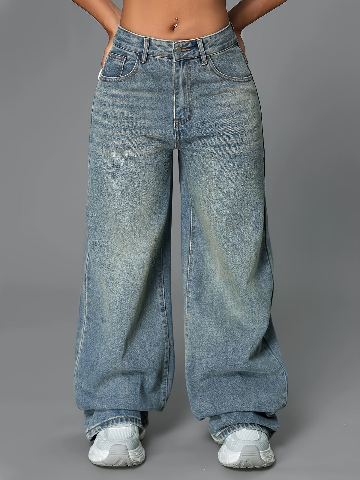 Baggy gråblå jeans med hög midja
