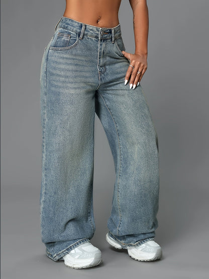 Baggy gråblå jeans med hög midja