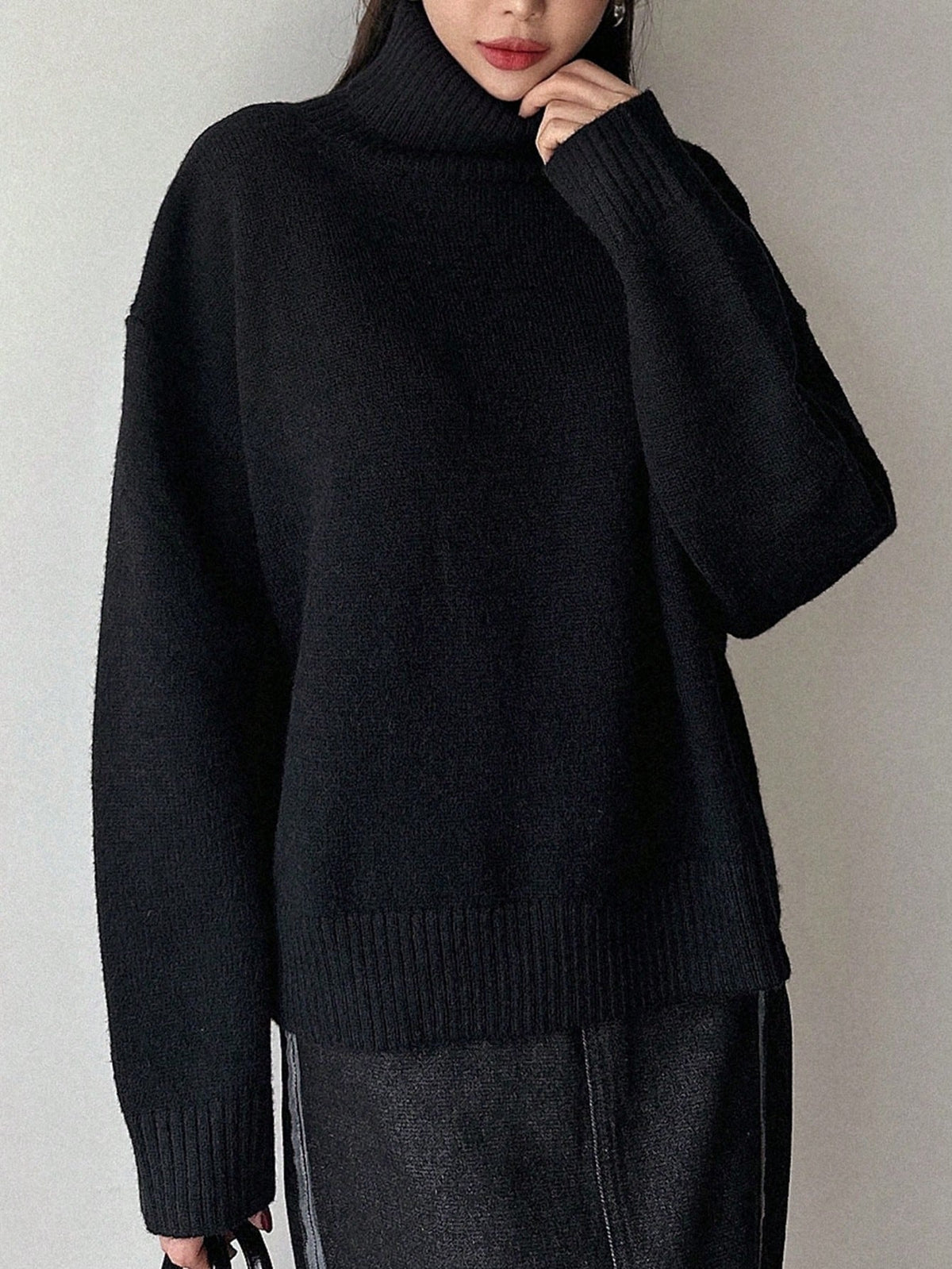 Elegant Stickad Tröja med Hög Krage
