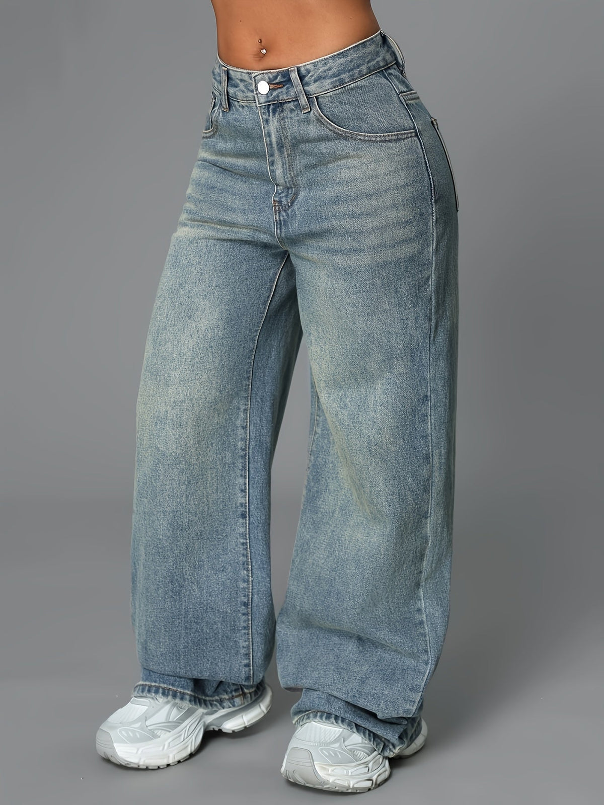 Baggy gråblå jeans med hög midja