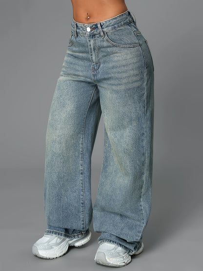 Baggy gråblå jeans med hög midja